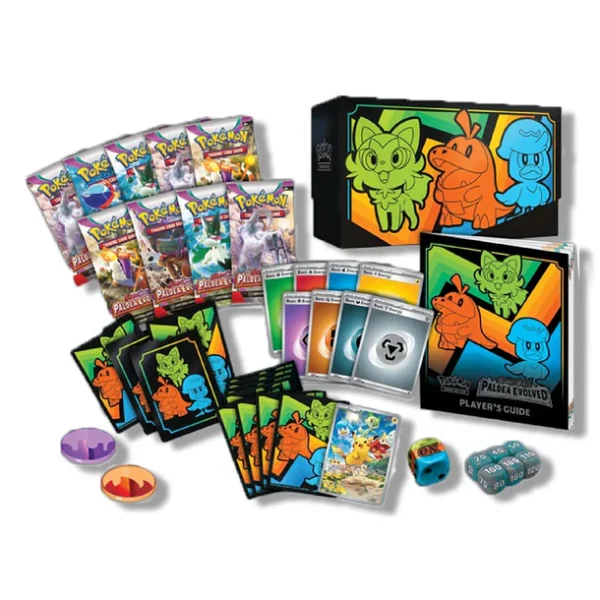 Paldea Evolved Elite Box, Pokémon TCG Paldea Evolved, Paldea Evolved Elite Trainer Box, Pokémon Center Exclusive, Pikachu Promo, Booster Packs Paldea Evolved, Scarlet & Violet Expansion, Collector Pokémon Box, Competitive TCG Accessories, Pokémon TCG Live Code, Sprigatito Fuecoco Quaxly Sleeves, Pokémon Energy Cards, Damage Counter Dice, Condition Markers