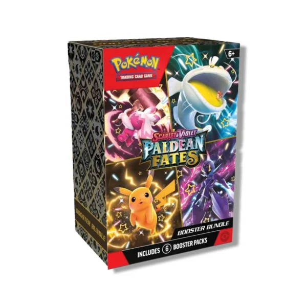 Pokémon Center TCG Paldean Fates Booster Bundle includes 6 Paldean Fates booster packs and a Pokémon TCG Live code card redeemable for digital content.
