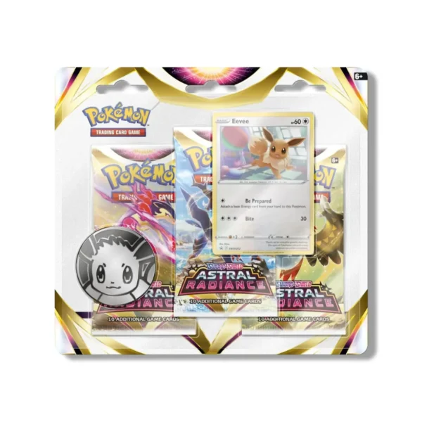 SWSHAstralRadianceEevee3pkBlister Pokemon TCG, Astral Radiance, 3 Booster Packs, Eevee Promo, Booster Packs, Promo Pokémon Cards, Rare Pokémon, Ultra-Rare Pokémon, Tera Pokémon, Trading Card Game, Pokemon Center TCG