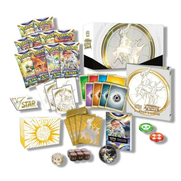 Pokémon Center TCG, Brilliant Stars Elite Trainer Box, Sword & Shield Brilliant Stars, Arceus Card Sleeves, Metallic Coin, Deck Box Exclusive, Booster Packs Brilliant Stars, Collector Pokémon Box, Competitive TCG Set, Pokémon Energy Cards, Dice & Markers, Pokémon TCG Live Code, Premium Elite Trainer Box