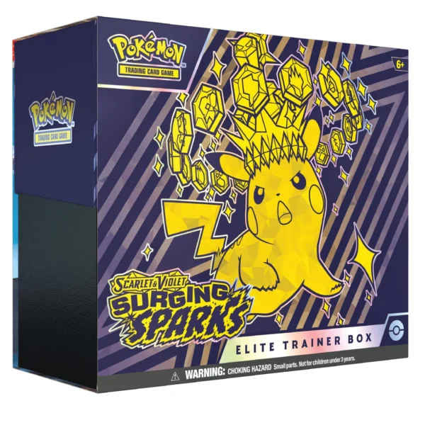 Pokemon Surging Sparks Elite Trainer Box with promo card, sleeves, and booster packs